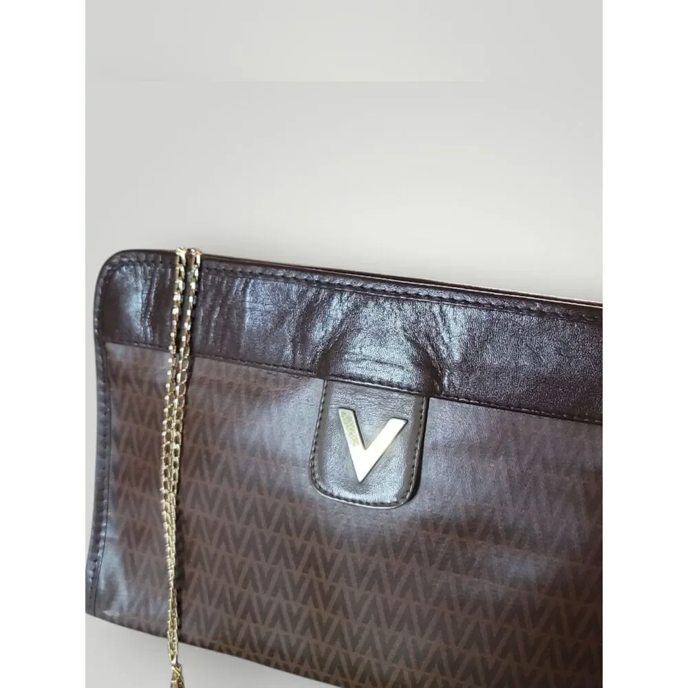 Mario Valentino Authentic Brown Monogram Clutch with Gold Chain Vintage